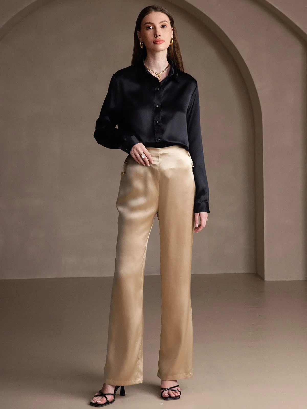 Women's 19 Momme Mulberry Silk Elegant Long-Sleeve Shirt