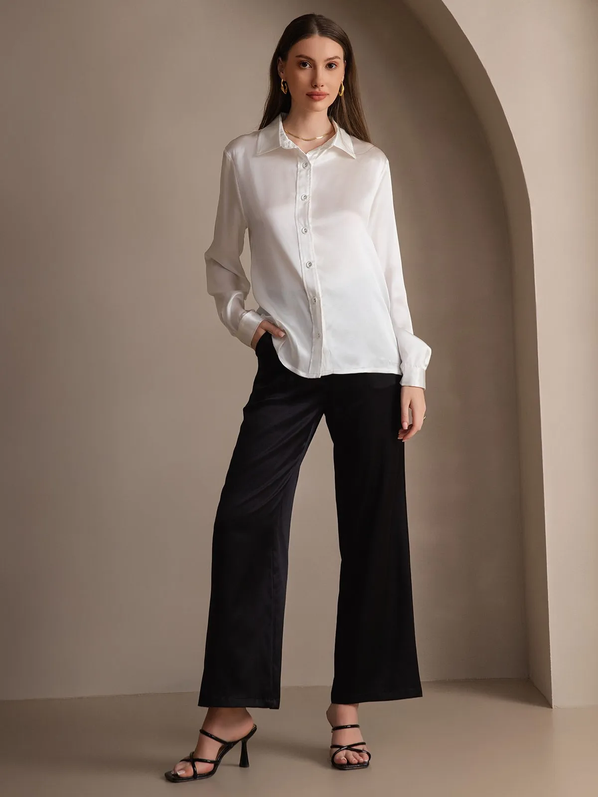 Women's 19 Momme Mulberry Silk Elegant Long-Sleeve Shirt