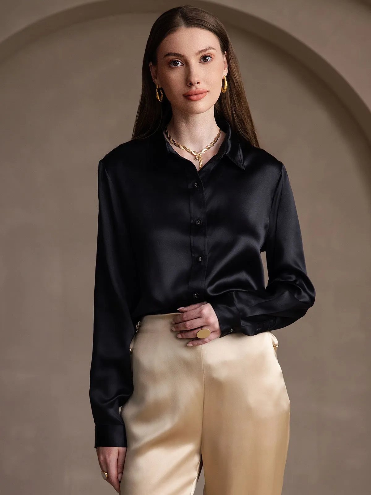 Women's 19 Momme Mulberry Silk Elegant Long-Sleeve Shirt