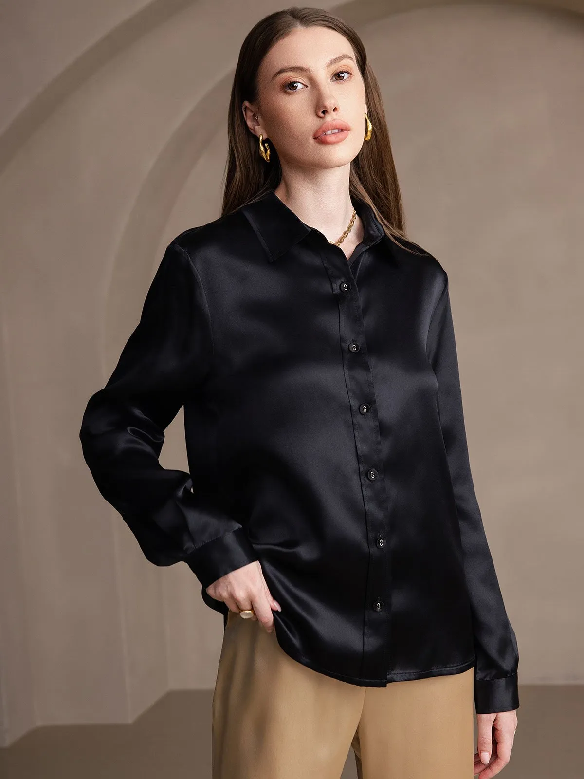 Women's 19 Momme Mulberry Silk Elegant Long-Sleeve Shirt
