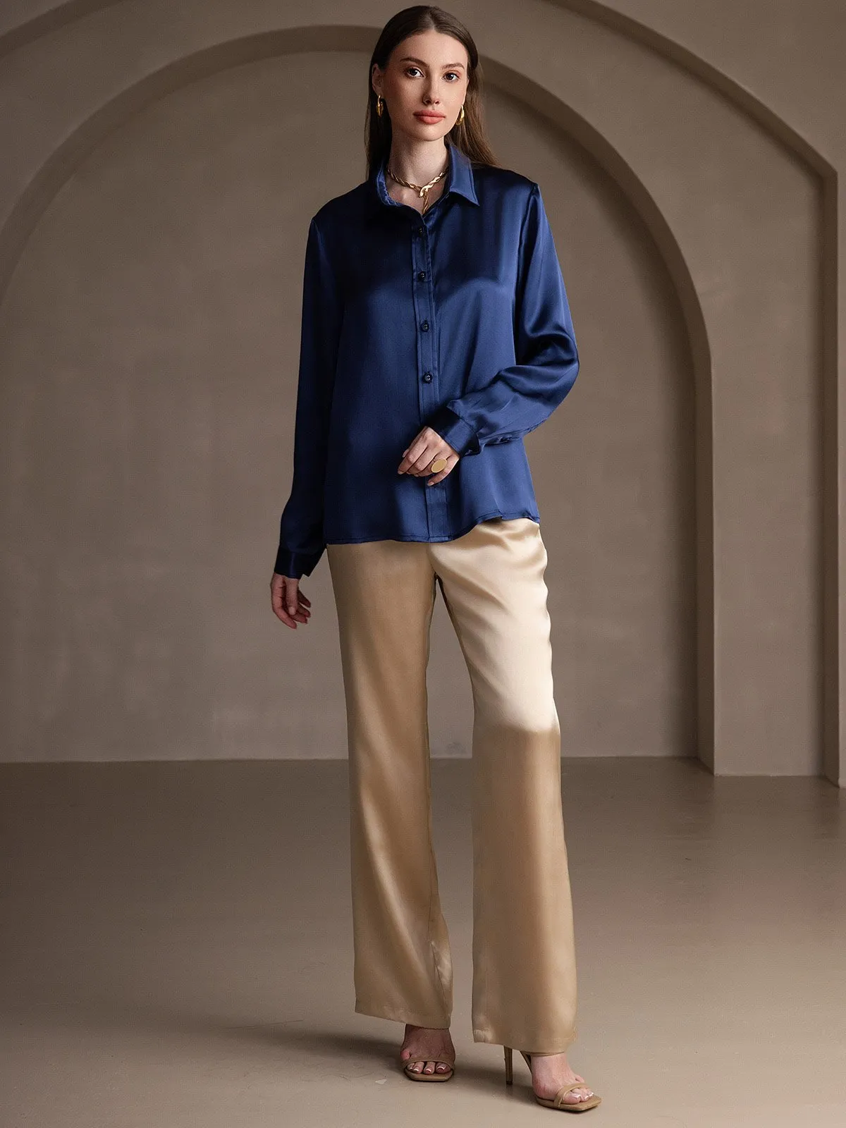 Women's 19 Momme Mulberry Silk Elegant Long-Sleeve Shirt