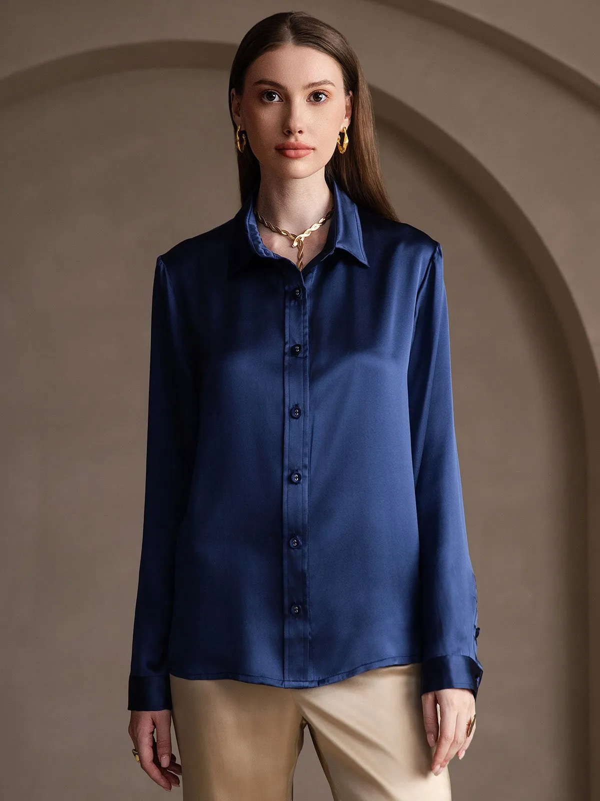 Women's 19 Momme Mulberry Silk Elegant Long-Sleeve Shirt