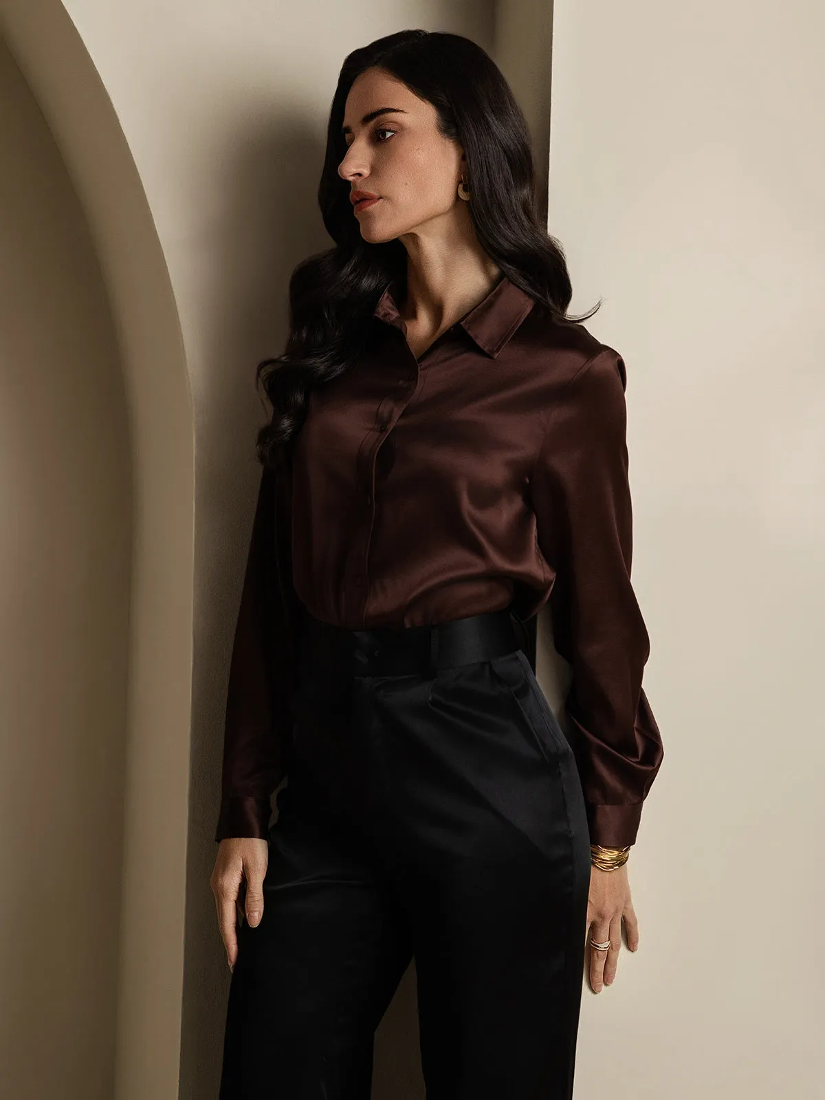 Women's 19 Momme Mulberry Silk Elegant Long-Sleeve Shirt