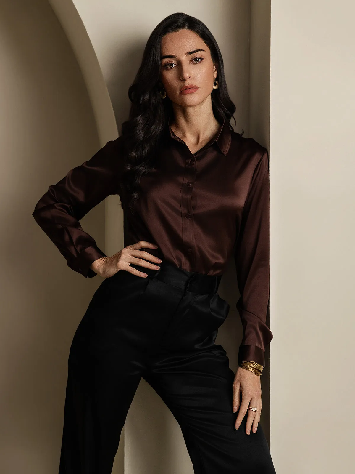 Women's 19 Momme Mulberry Silk Elegant Long-Sleeve Shirt