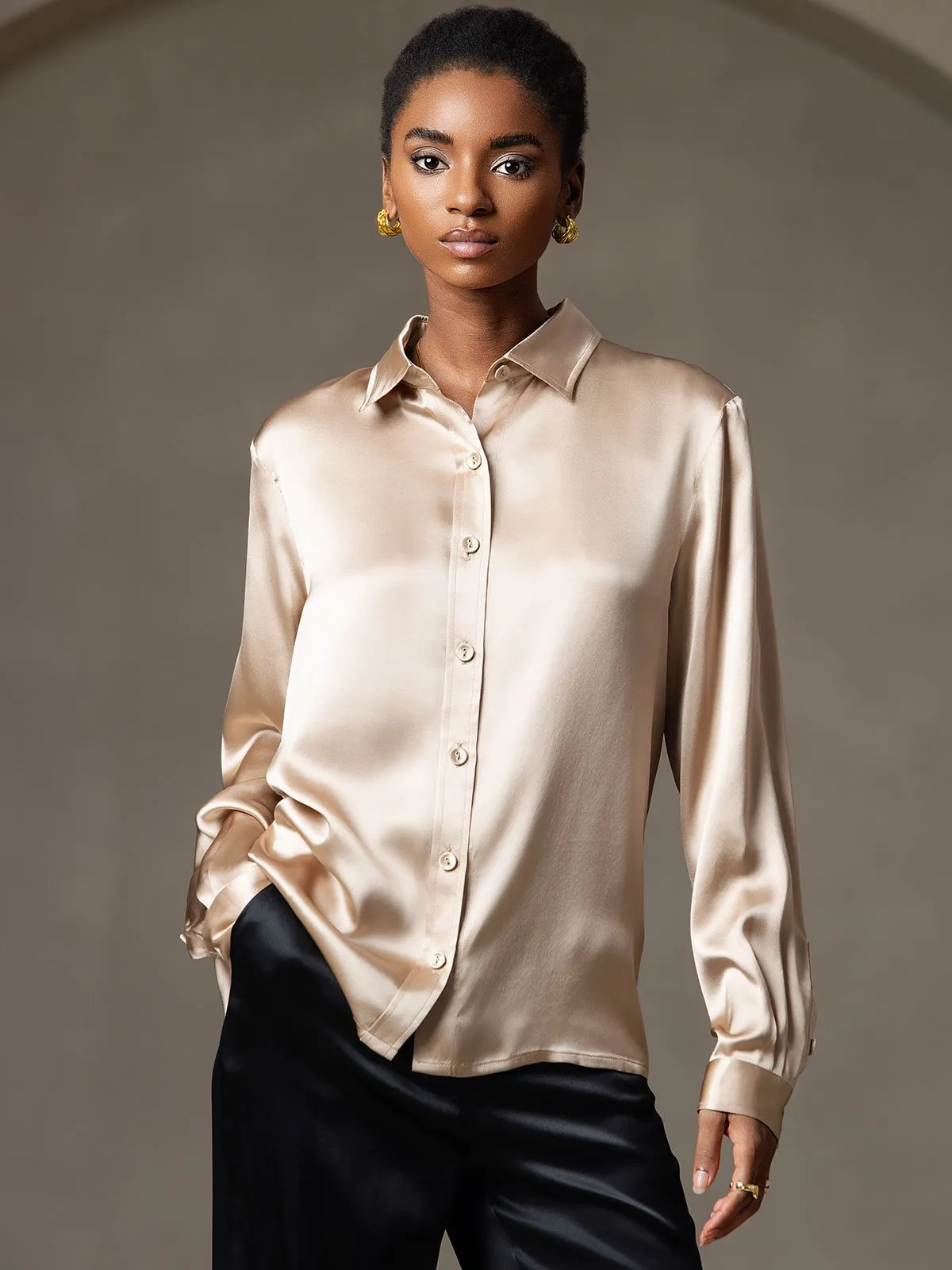 Women's 19 Momme Mulberry Silk Elegant Long-Sleeve Shirt