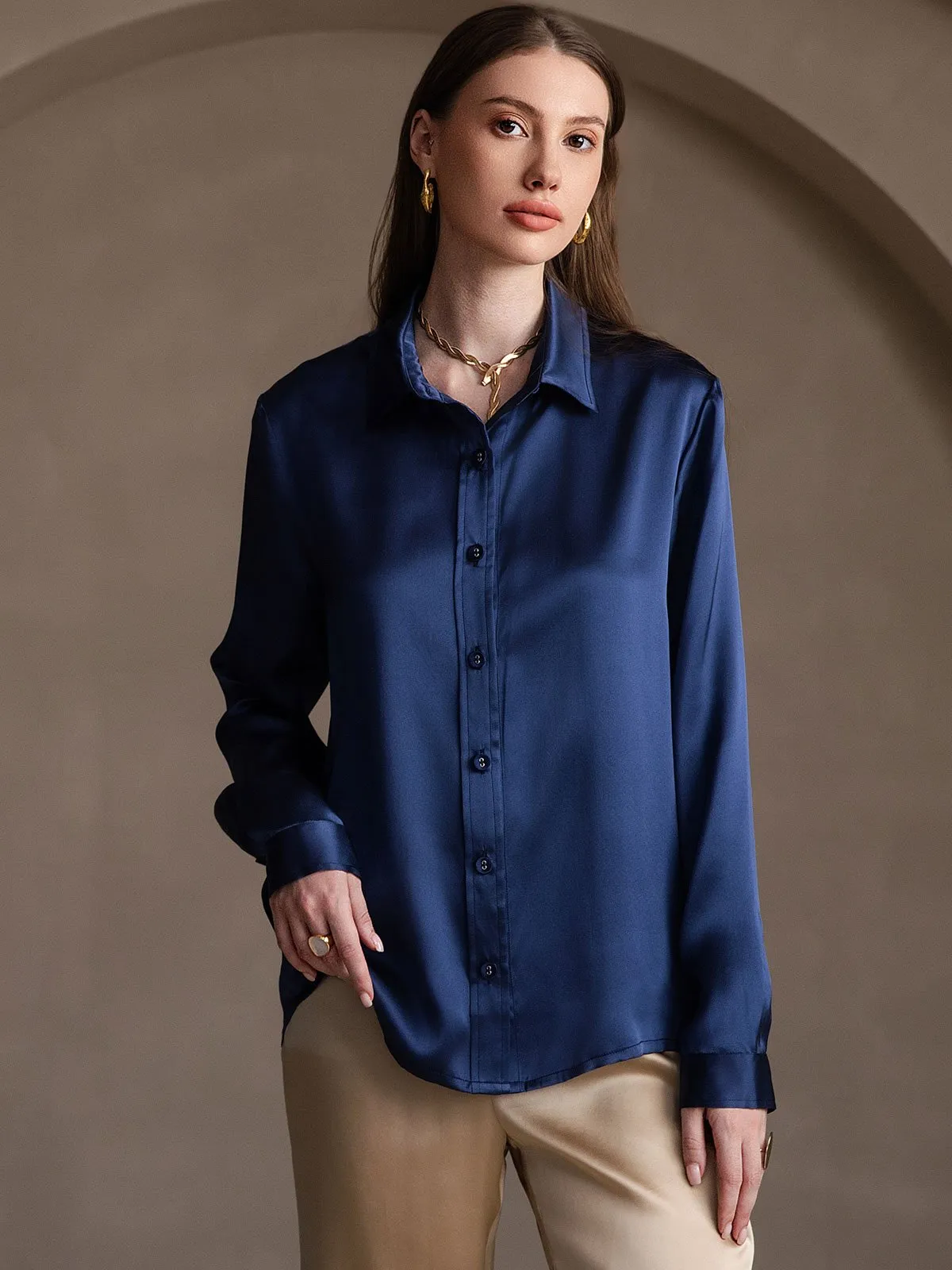 Women's 19 Momme Mulberry Silk Elegant Long-Sleeve Shirt