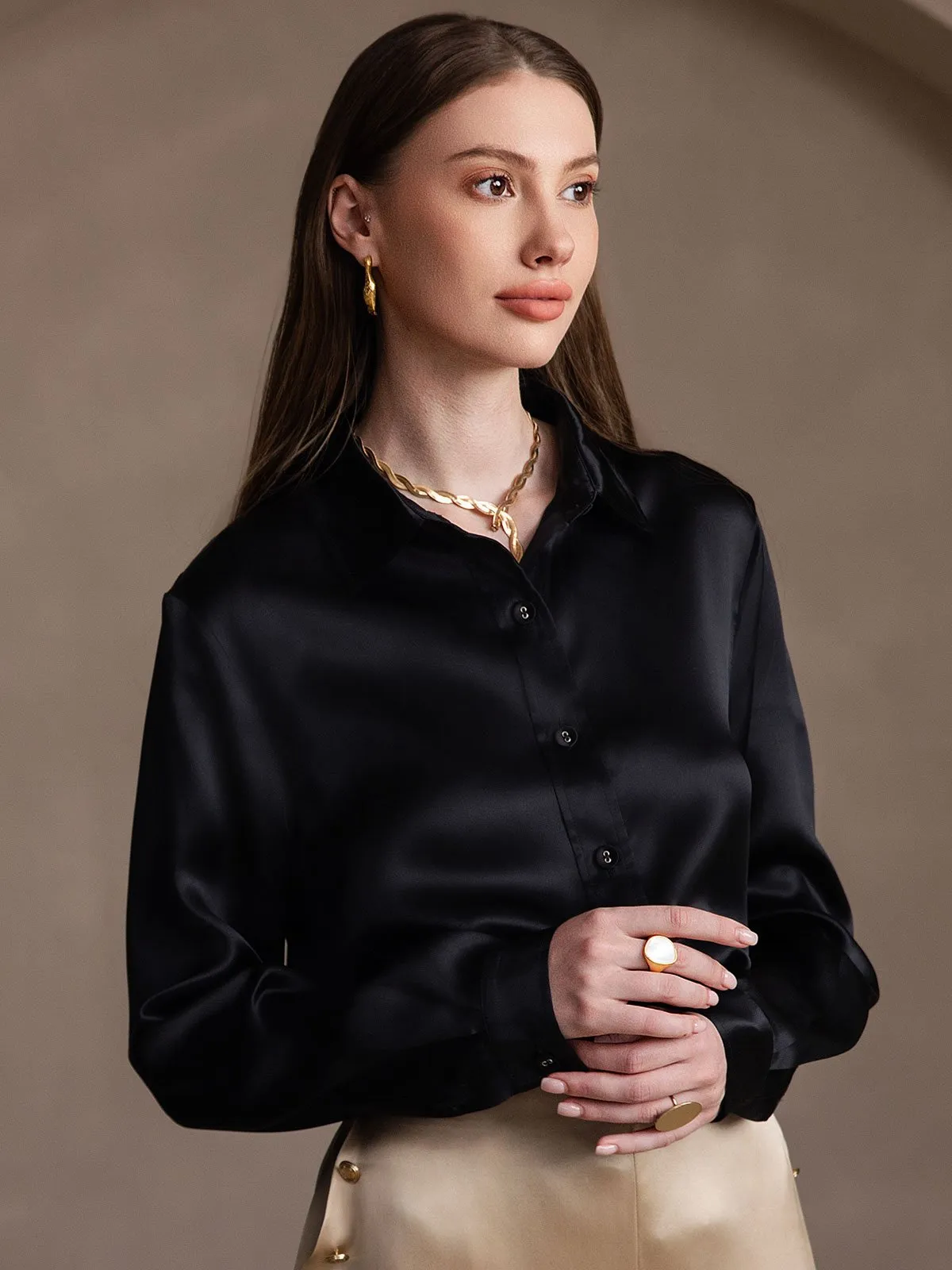 Women's 19 Momme Mulberry Silk Elegant Long-Sleeve Shirt