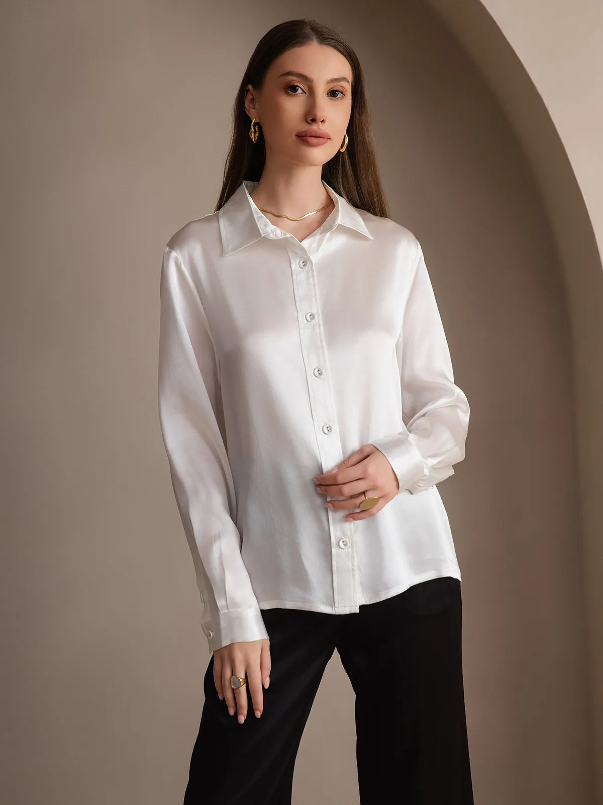 Women's 19 Momme Mulberry Silk Elegant Long-Sleeve Shirt