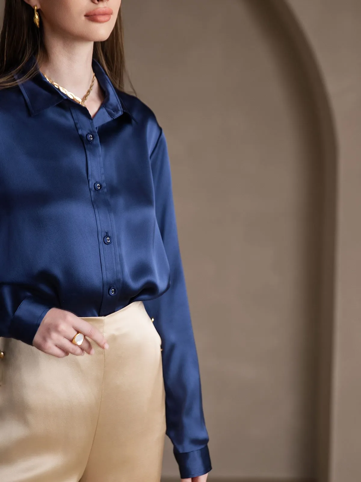 Women's 19 Momme Mulberry Silk Elegant Long-Sleeve Shirt