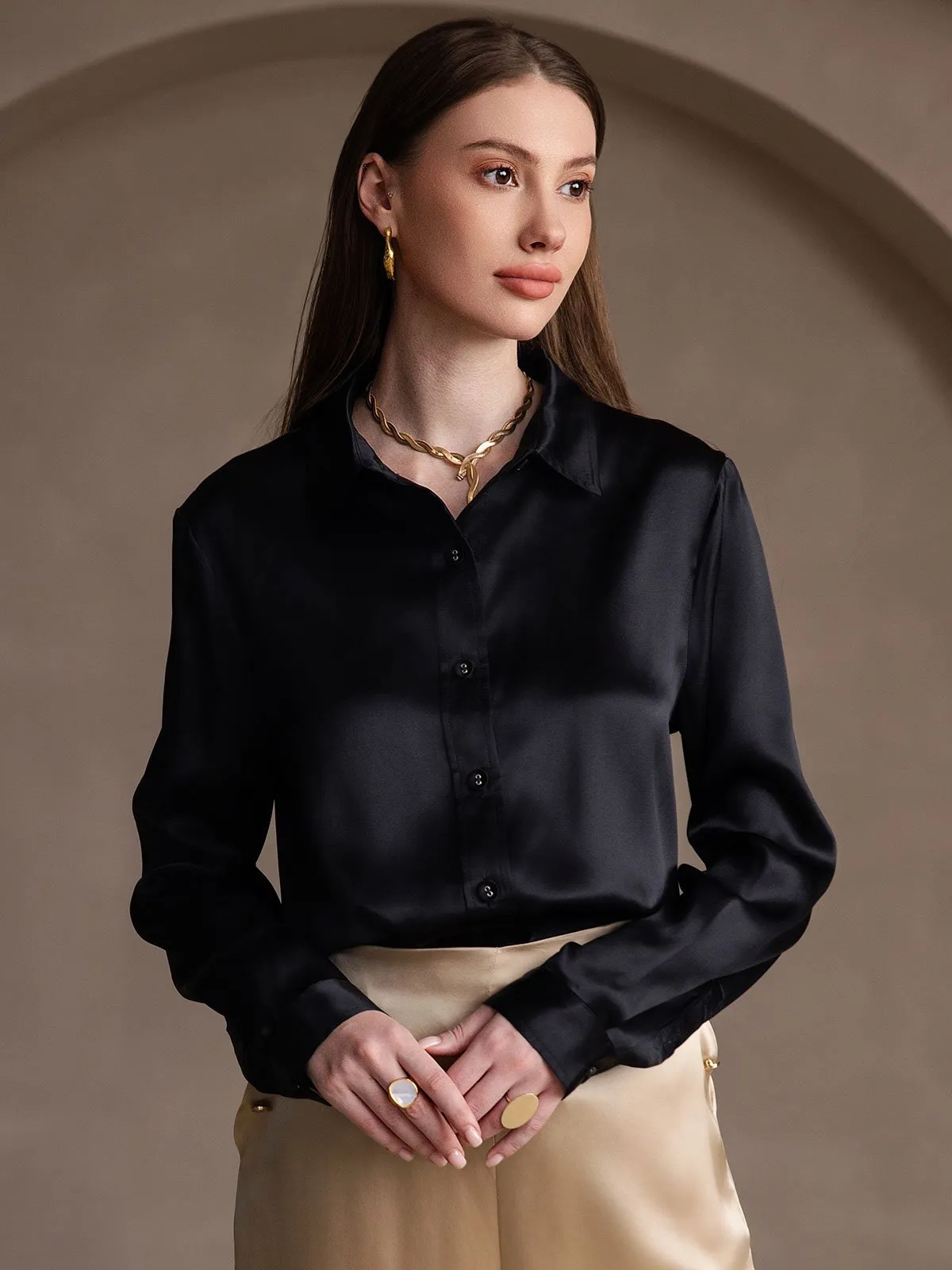 Women's 19 Momme Mulberry Silk Elegant Long-Sleeve Shirt