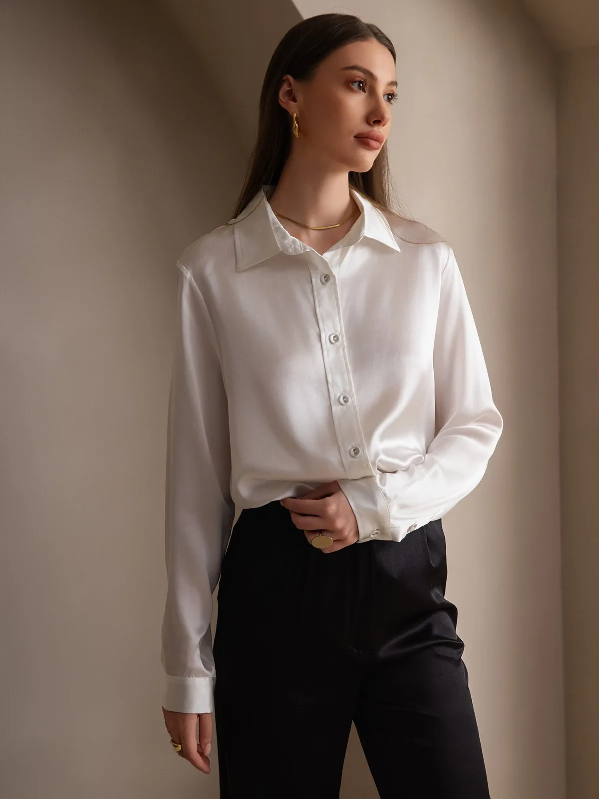 Women's 19 Momme Mulberry Silk Elegant Long-Sleeve Shirt